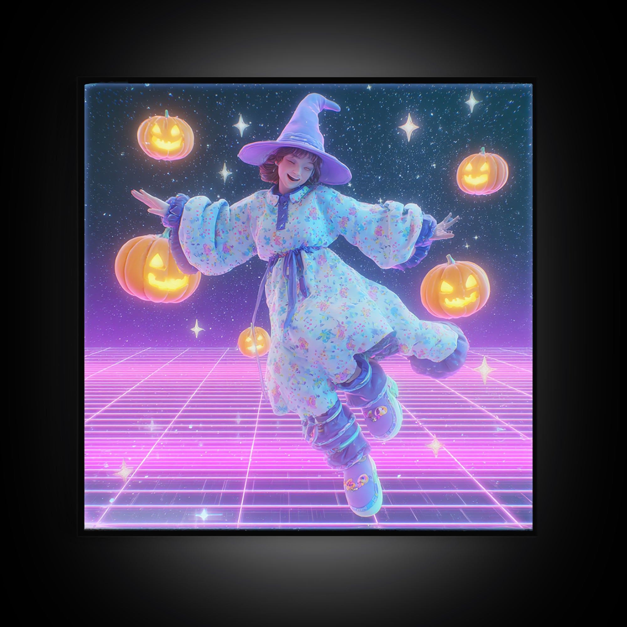 The Moonlight Pajama Witch, Synthwave Halloween Art, Square Wall Art, Canvas Print, Retro Halloween Decor, Neon Wall Art