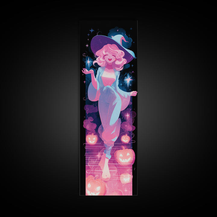 The Moonlight Pajama Witch, Cute Spooky Neon Art, Tall Narrow Wall Art, Framed Canvas Print, Retro Halloween Decor, Neon Wall Art
