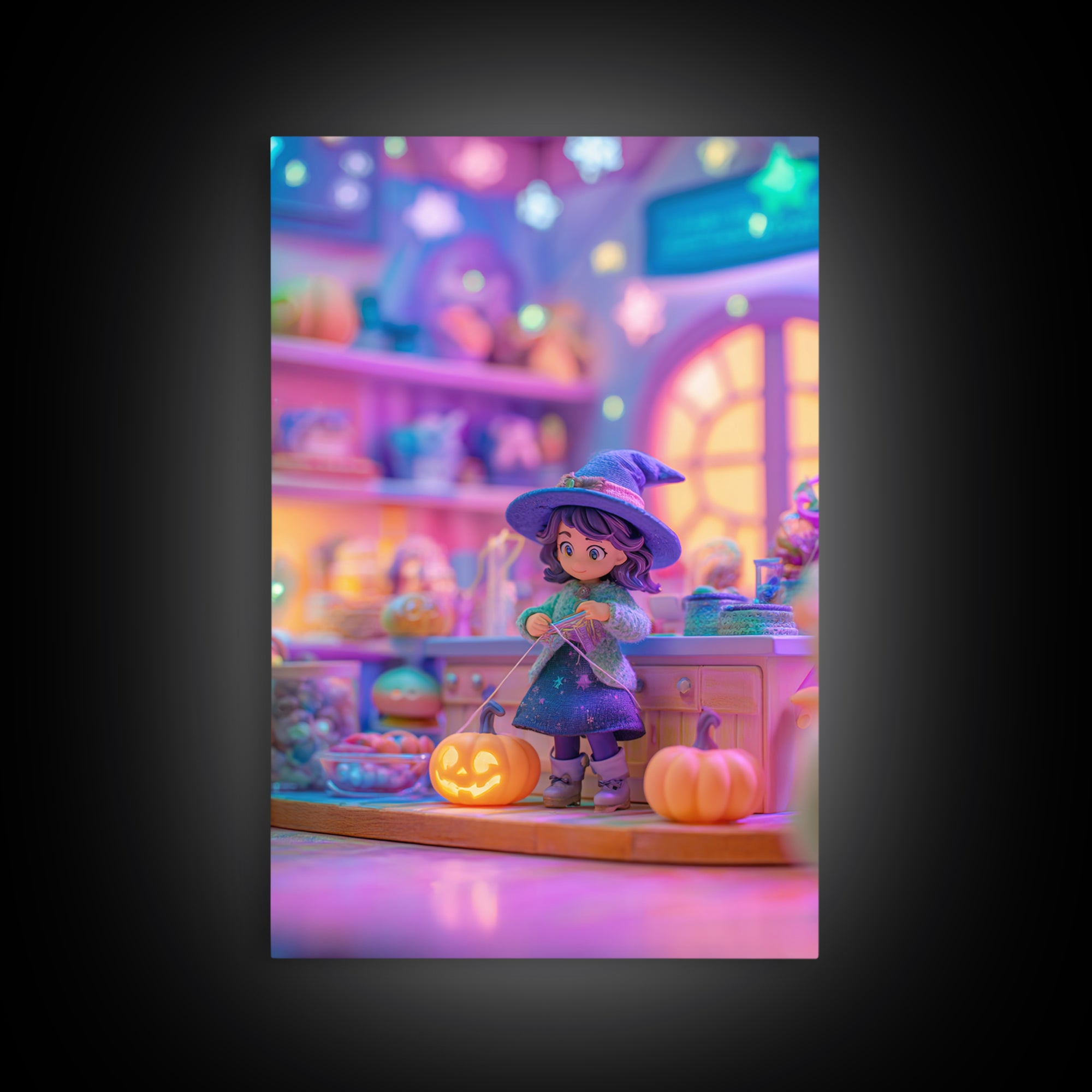 The Tiny Hat Shop Witch, Synthwave Halloween Art, Vertical Wall Art, Framed Canvas Print, Retro Halloween Decor, Neon Wall Art