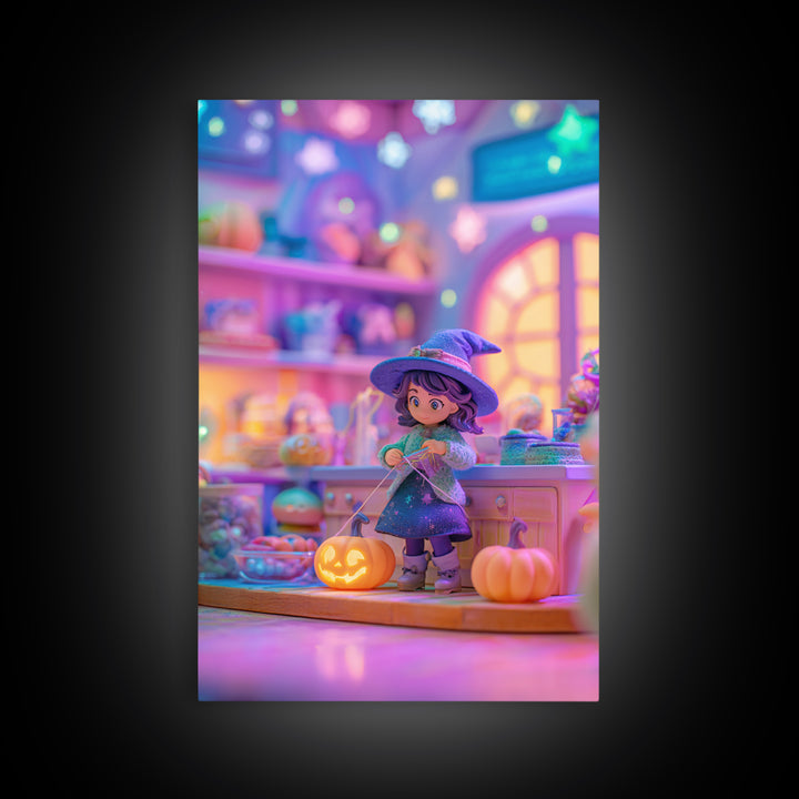 The Tiny Hat Shop Witch, Synthwave Halloween Art, Vertical Wall Art, Framed Canvas Print, Retro Halloween Decor, Neon Wall Art