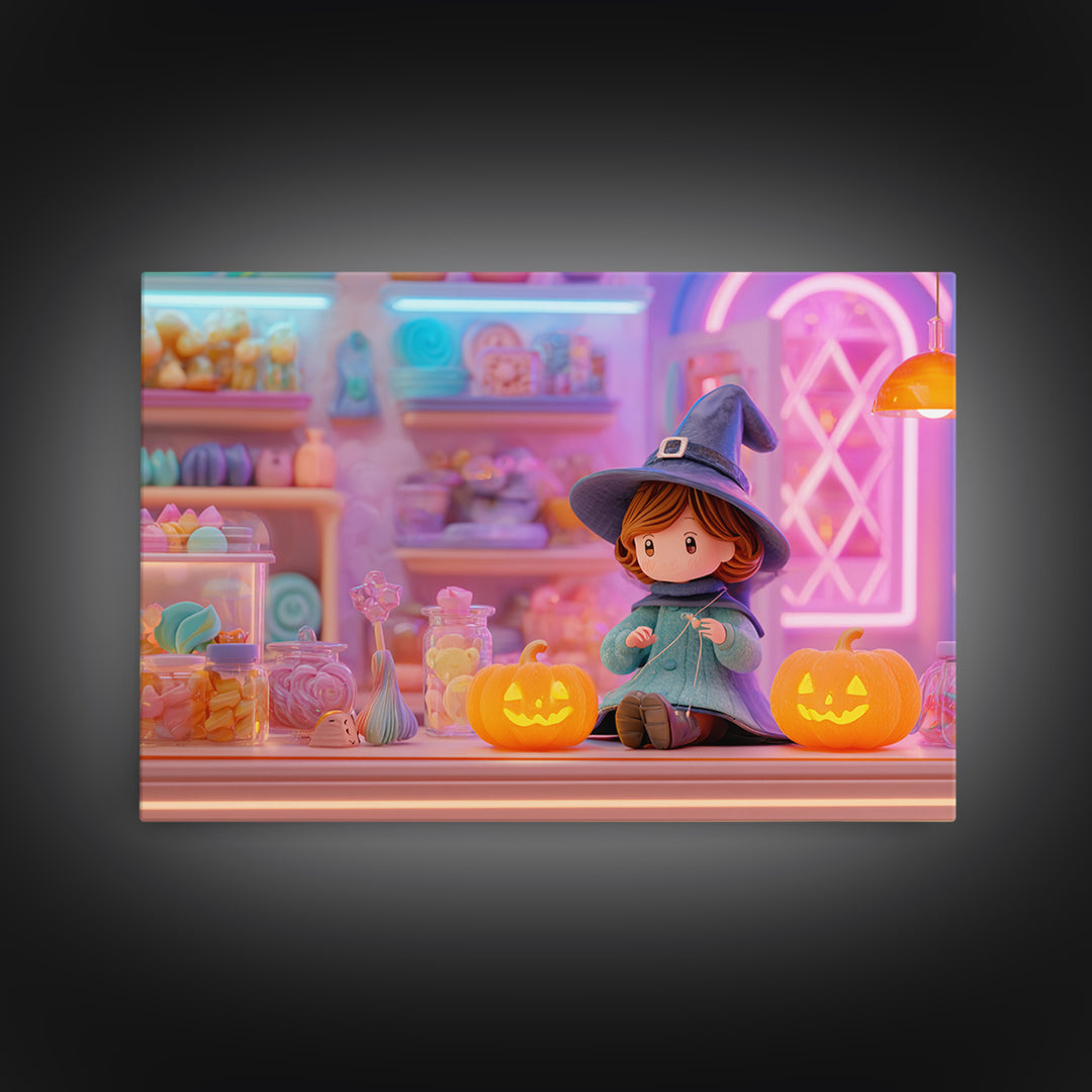 The Tiny Hat Shop Witch, Vaporwave Halloween Decor, Landscape Wall Art, Framed Canvas Print, Retro Halloween Decor, Neon Wall Art