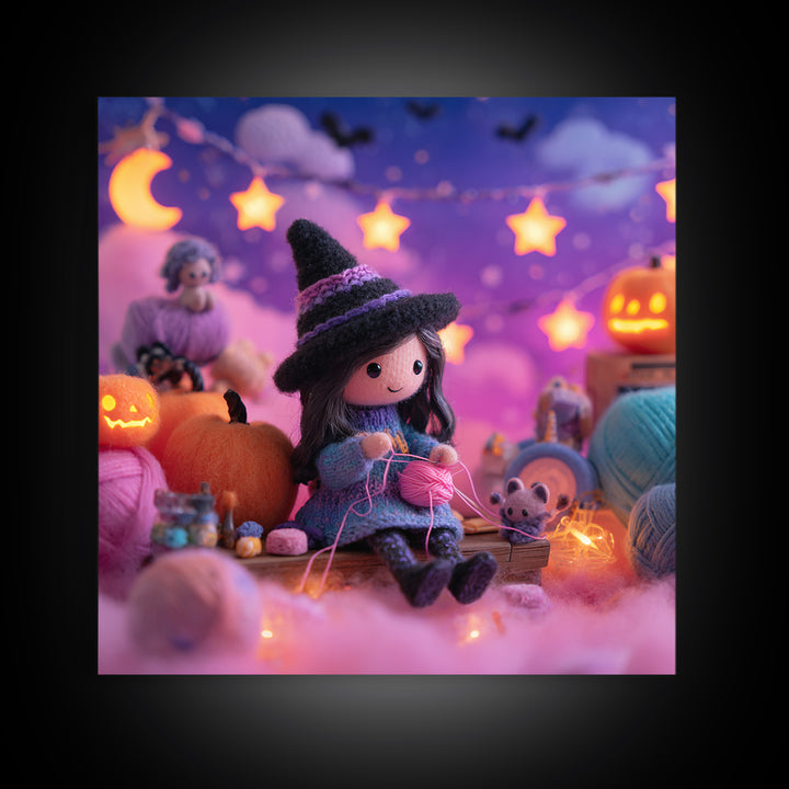 The Tiny Hat Shop Witch, Synthwave Halloween Art, Square Wall Art, Framed Canvas Print, Retro Halloween Decor, Neon Wall Art