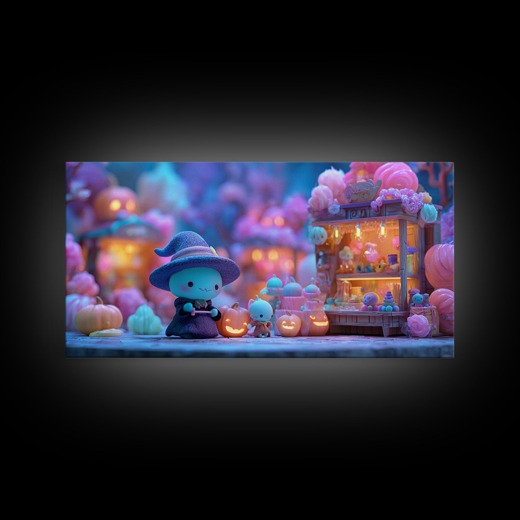 The Tiny Hat Shop Witch, Retro Neon Halloween Art, Wide Panoramic Art, Framed Canvas Print, Retro Halloween Decor, Neon Wall Art