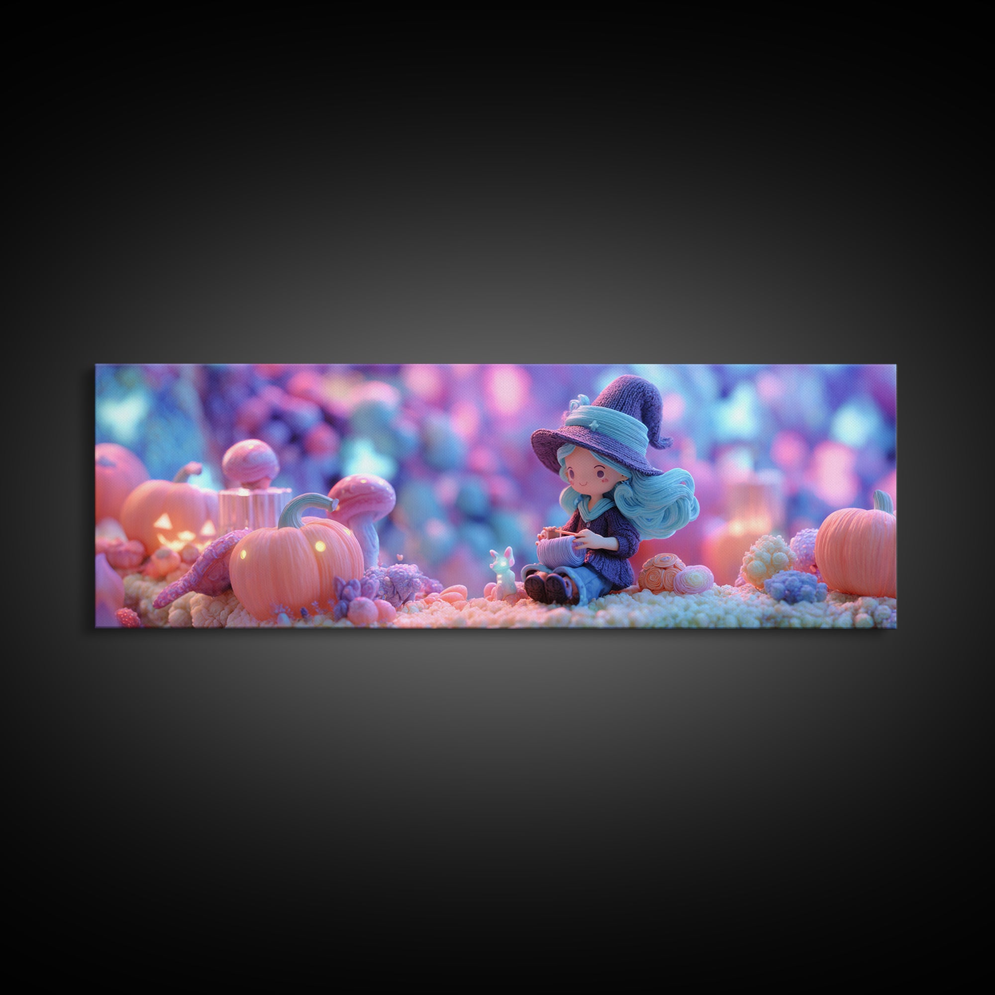 The Tiny Hat Shop Witch, Cute Spooky Neon Art, Extra Wide Wall Art, Canvas Print, Retro Halloween Decor, Neon Wall Art, Gothic Home Decor