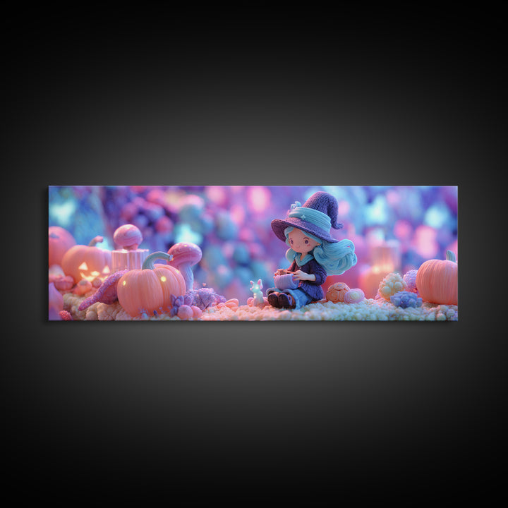 The Tiny Hat Shop Witch, Cute Spooky Neon Art, Extra Wide Wall Art, Canvas Print, Retro Halloween Decor, Neon Wall Art, Gothic Home Decor