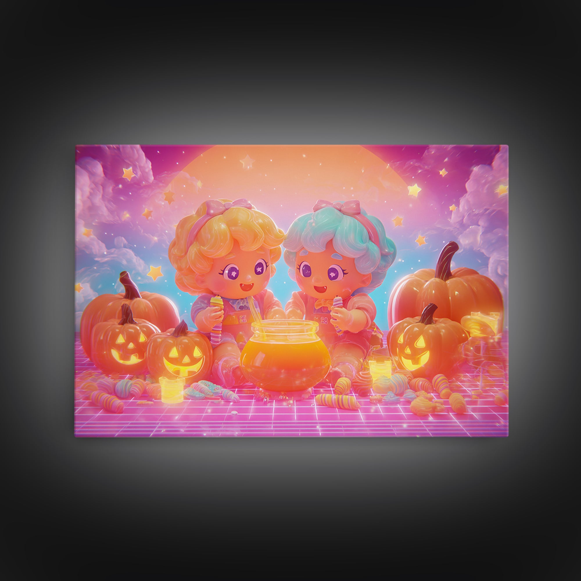 The Pumpkin Potion Twins, Cute Spooky Neon Art, Landscape Wall Art, Canvas Print, Retro Halloween Decor, Neon Wall Art