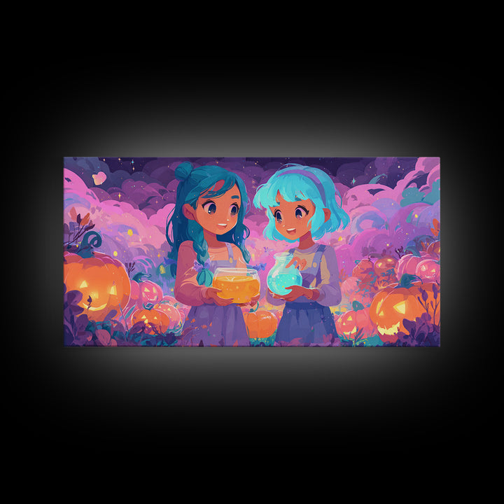 The Pumpkin Potion Twins, 80s Halloween Wall Art, Wide Panoramic Art, Canvas Print, Retro Halloween Decor, Neon Wall Art, Spooky Wall Decor