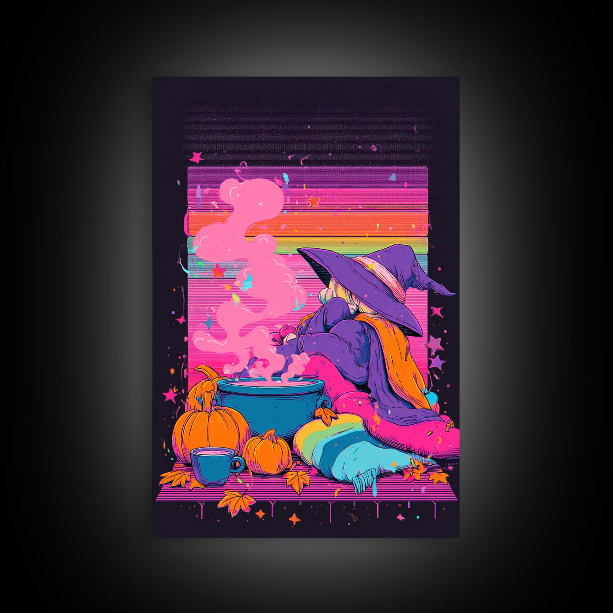 The Rainbow-Cauldron Witch, Vaporwave Halloween Decor, Vertical Wall Art, Canvas Print, Retro Halloween Decor, Neon Wall Art