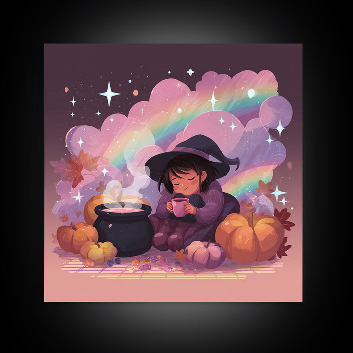 The Rainbow-Cauldron Witch, Vaporwave Halloween Decor, Square Wall Art, Framed Canvas Print, Retro Halloween Decor, Neon Wall Art