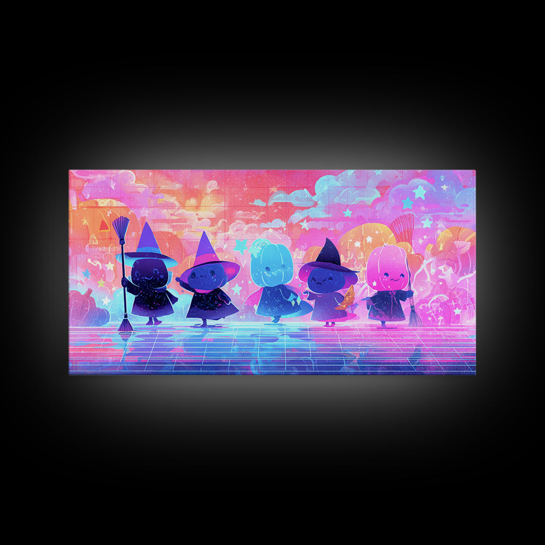 The Stardust Apprentice, Vaporwave Halloween Decor, Wide Panoramic Art, Canvas Print, Retro Halloween Decor, Neon Wall Art