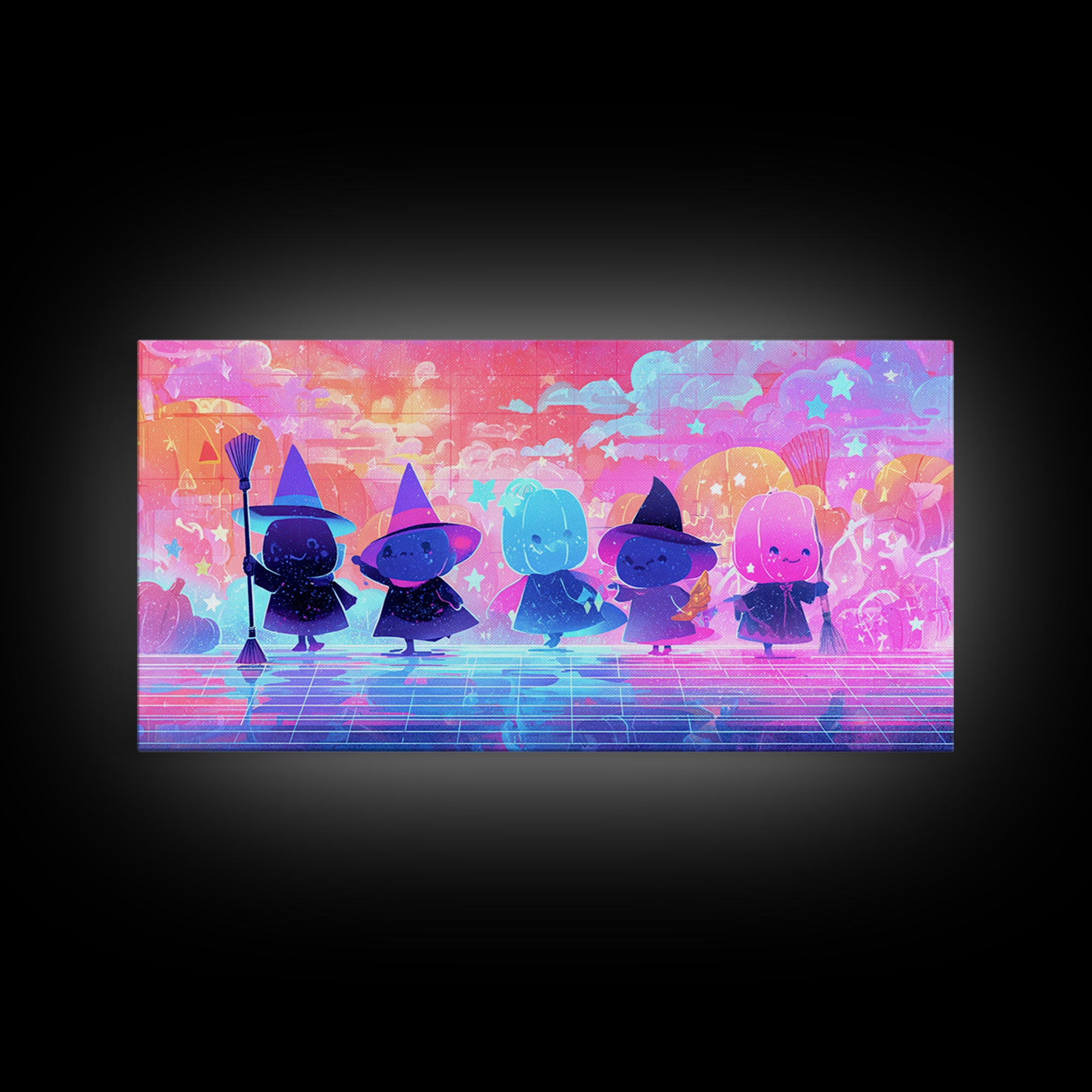 The Stardust Apprentice, Vaporwave Halloween Decor, Wide Panoramic Art, Canvas Print, Retro Halloween Decor, Neon Wall Art