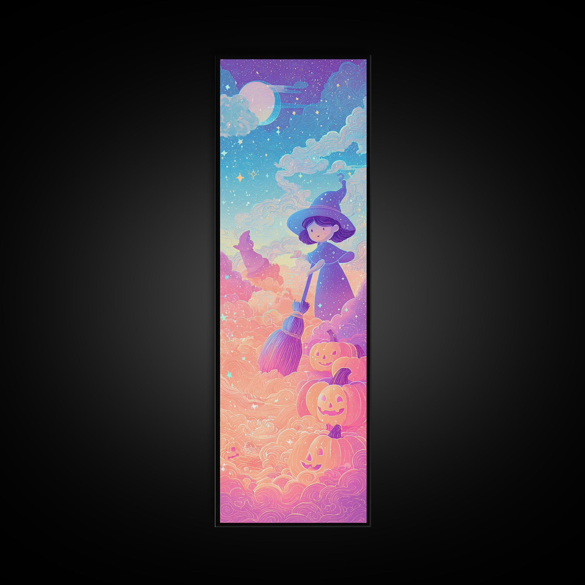The Stardust Apprentice, Synthwave Halloween Art, Tall Narrow Wall Art, Canvas Print, Retro Halloween Decor, Neon Wall Art