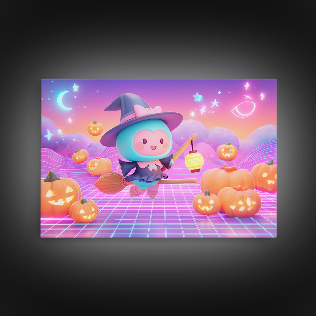 The Broomstick Riding Lesson, Synthwave Halloween Art, Landscape Wall Art, Canvas Print, Retro Halloween Decor, Neon Wall Art