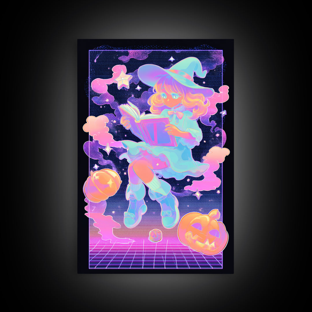 The Spellbook Sleepover, Synthwave Halloween Art, Vertical Wall Art, Canvas Print, Retro Halloween Decor, Neon Wall Art