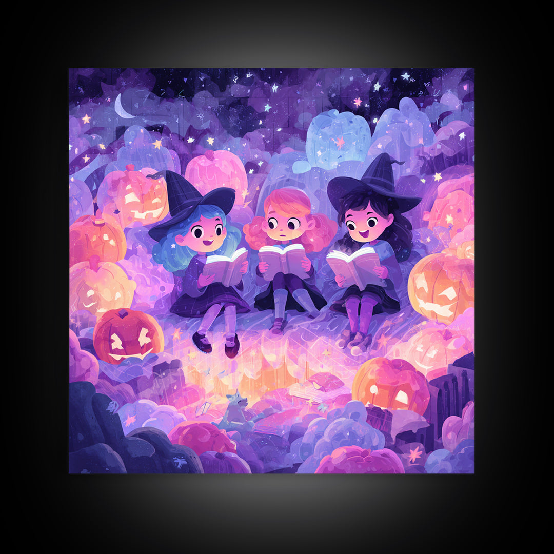 The Spellbook Sleepover, Retro Neon Halloween Art, Square Wall Art, Canvas Print, Retro Halloween Decor, Neon Wall Art, Statement Wall Art