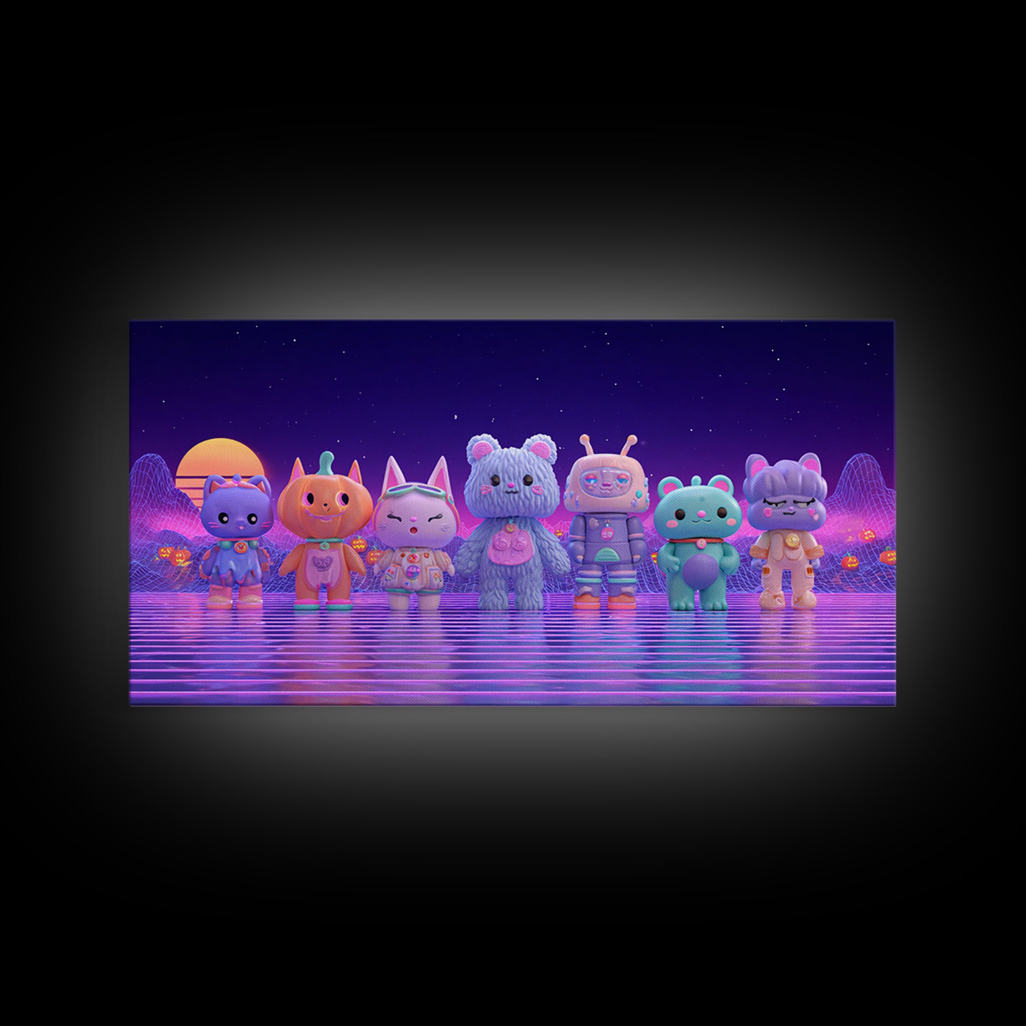 The Friendly Familiar Club, 80s Halloween Wall Art, Wide Panoramic Art, Canvas Print, Retro Halloween Decor, Neon Wall Art