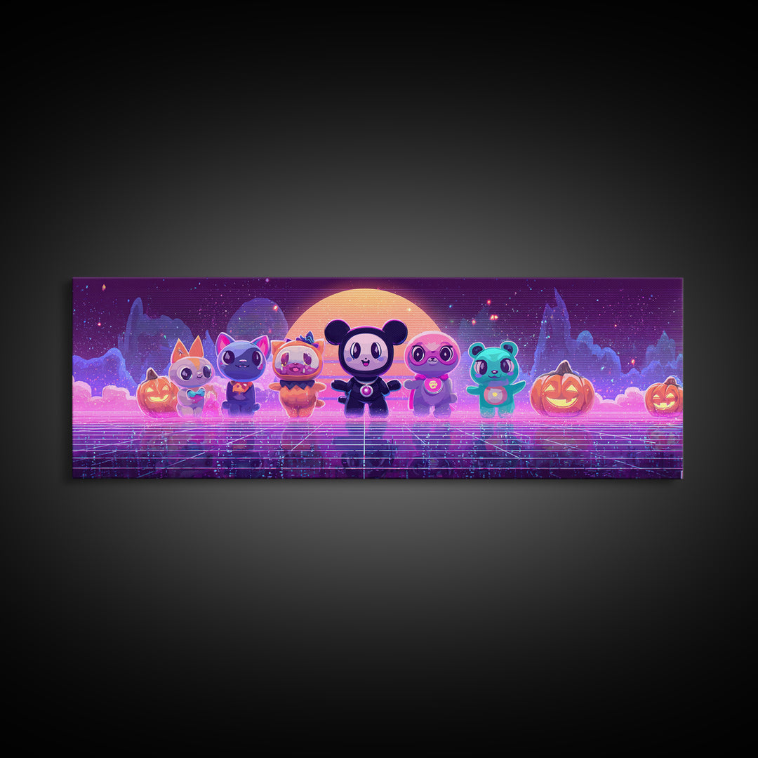 The Friendly Familiar Club, Cute Spooky Neon Art, Extra Wide Wall Art, Canvas Print, Retro Halloween Decor, Neon Wall Art
