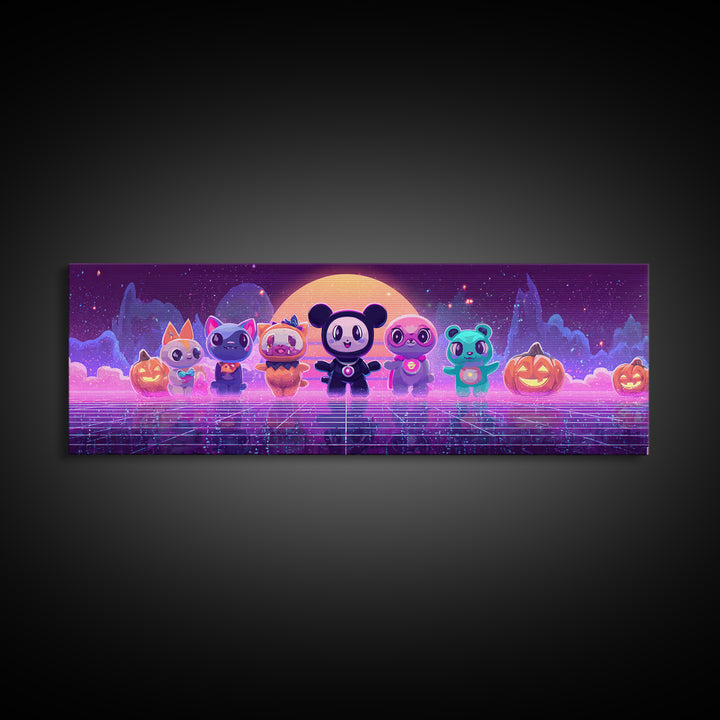 The Friendly Familiar Club, Cute Spooky Neon Art, Extra Wide Wall Art, Canvas Print, Retro Halloween Decor, Neon Wall Art