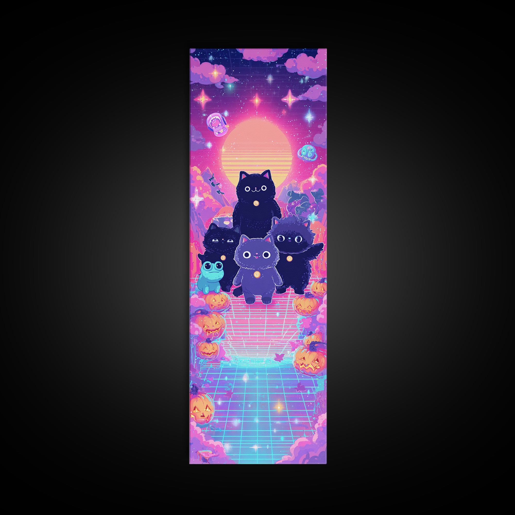 The Friendly Familiar Club, Vaporwave Halloween Decor, Tall Narrow Wall Art, Canvas Print, Retro Halloween Decor, Neon Wall Art
