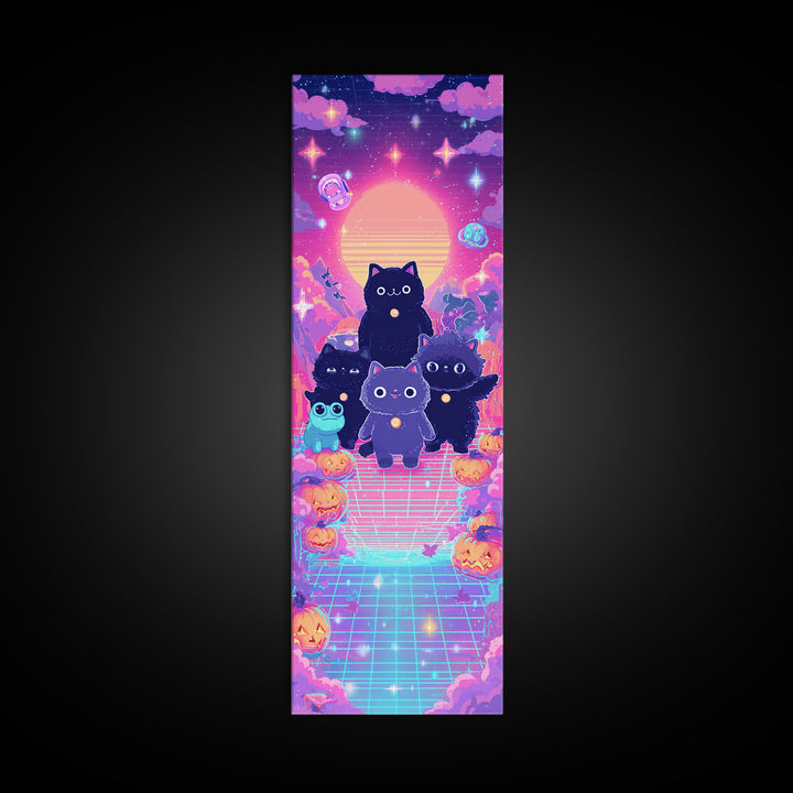 The Friendly Familiar Club, Vaporwave Halloween Decor, Tall Narrow Wall Art, Canvas Print, Retro Halloween Decor, Neon Wall Art