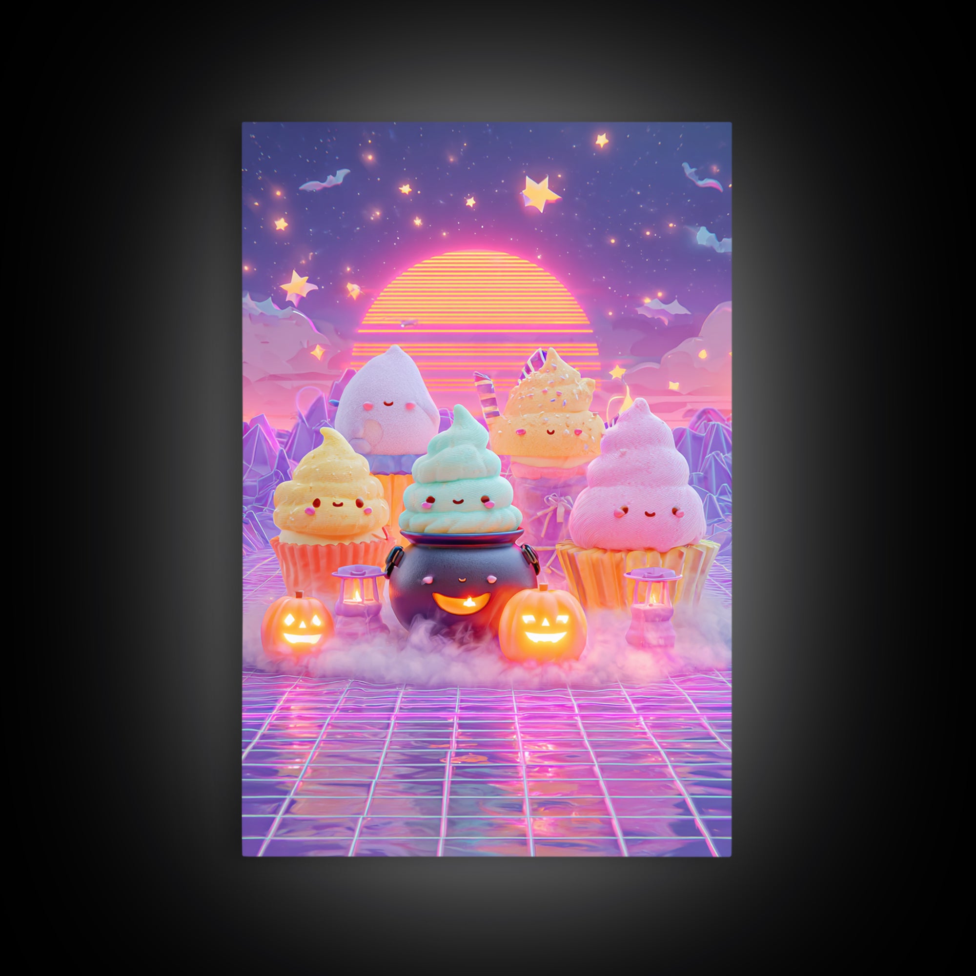 The Cupcake Cauldron Class, Vaporwave Halloween Decor, Vertical Wall Art, Canvas Print, Retro Halloween Decor, Neon Wall Art