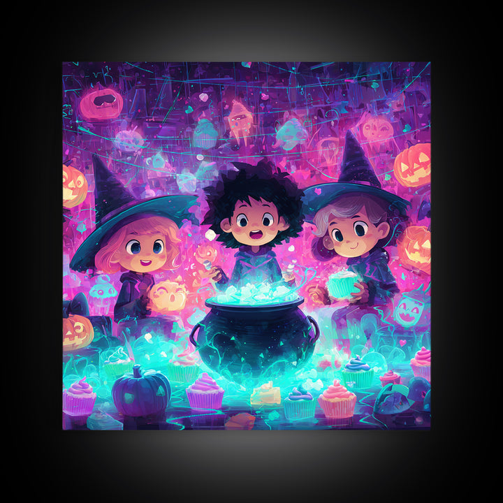 The Cupcake Cauldron Class, 80s Halloween Wall Art, Square Wall Art, Framed Canvas Print, Retro Halloween Decor, Neon Wall Art