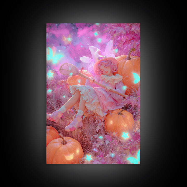 The Cloud-Catching Wizard, Retro Neon Halloween Art, Vertical Wall Art, Canvas Print, Retro Halloween Decor, Neon Wall Art