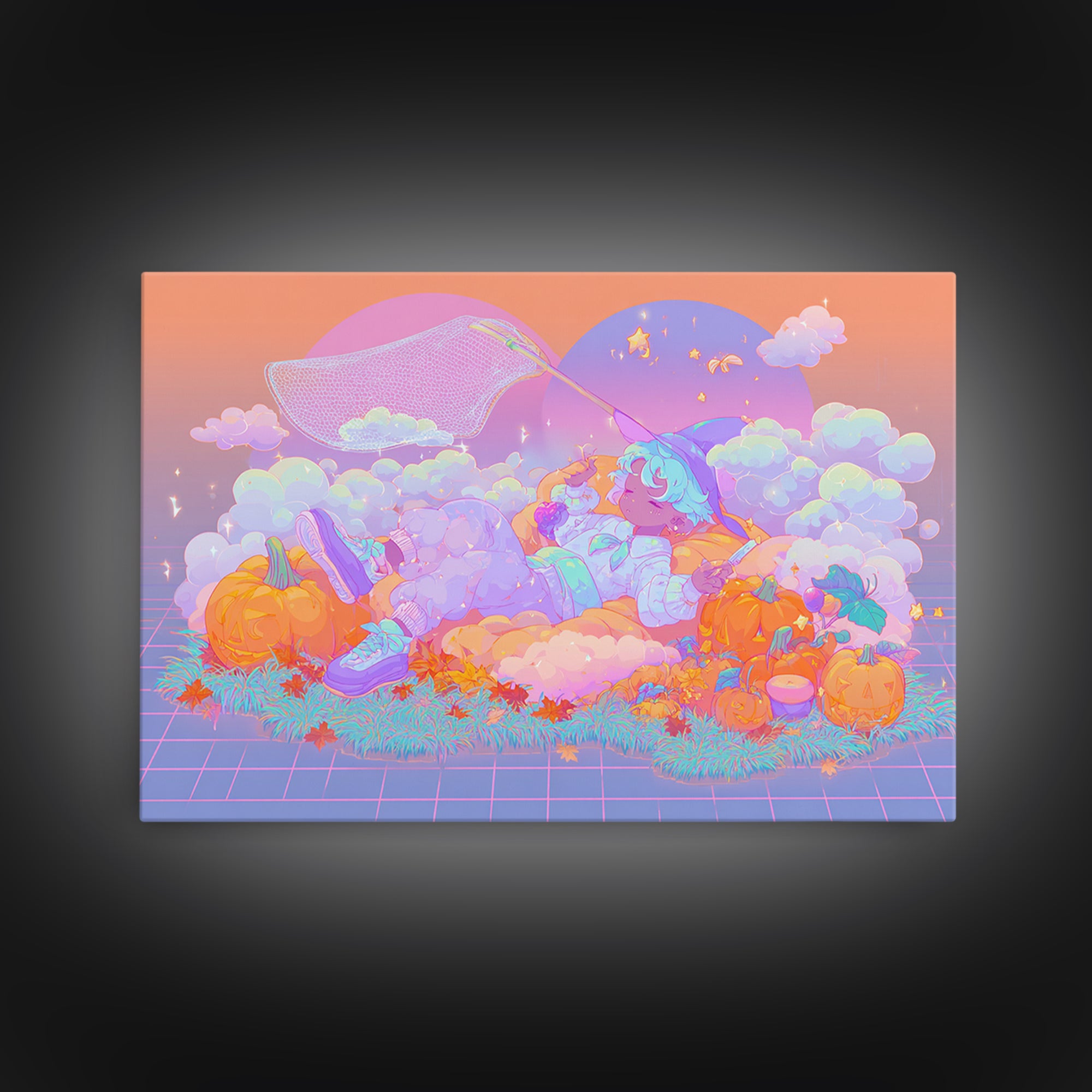 The Cloud-Catching Wizard, Cute Spooky Neon Art, Landscape Wall Art, Canvas Print, Retro Halloween Decor, Neon Wall Art