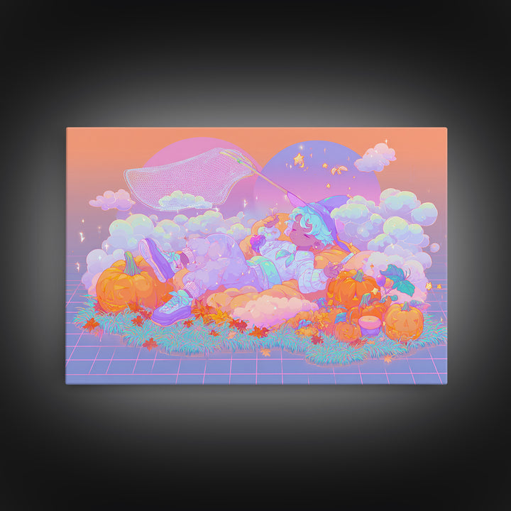 The Cloud-Catching Wizard, Cute Spooky Neon Art, Landscape Wall Art, Canvas Print, Retro Halloween Decor, Neon Wall Art