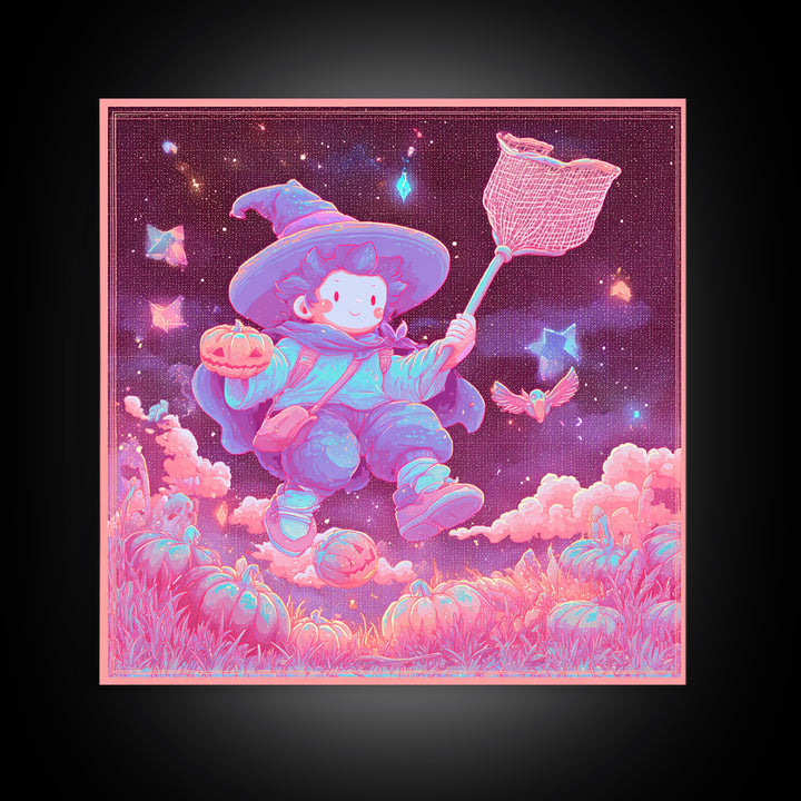 The Cloud-Catching Wizard, Retro Neon Halloween Art, Square Wall Art, Canvas Print, Retro Halloween Decor, Neon Wall Art, Horror Wall Art
