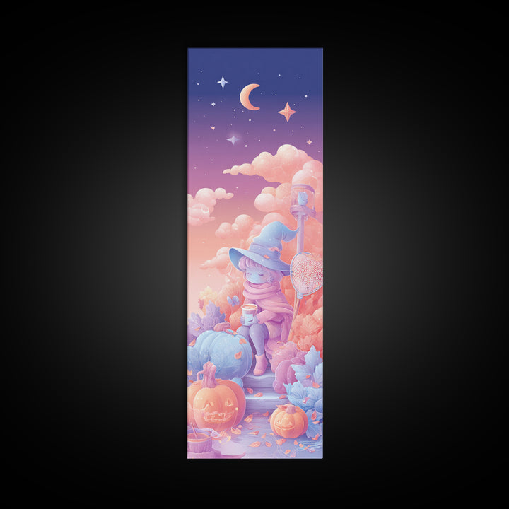 The Cloud-Catching Wizard, 80s Halloween Wall Art, Tall Narrow Wall Art, Framed Canvas Print, Retro Halloween Decor, Neon Wall Art