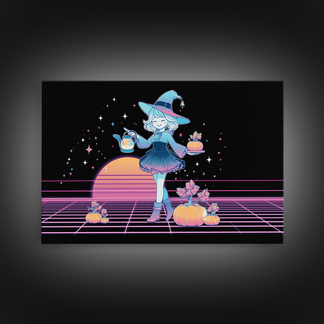 The Moon Garden Witch, Cute Spooky Neon Art, Landscape Wall Art, Canvas Print, Retro Halloween Decor, Neon Wall Art, Horror Wall Art