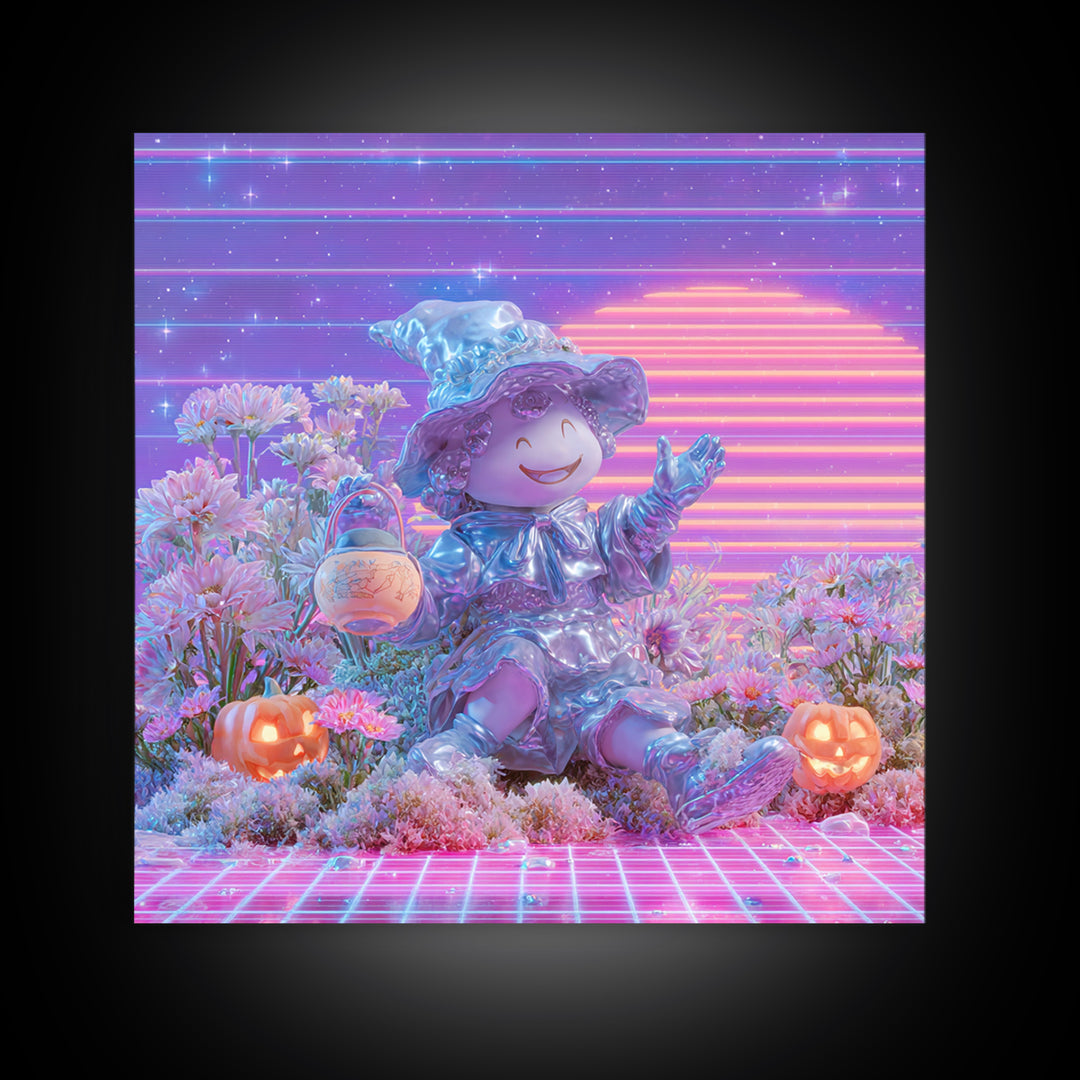 The Moon Garden Witch, Vaporwave Halloween Decor, Square Wall Art, Canvas Print, Retro Halloween Decor, Neon Wall Art, Halloween Wall Art