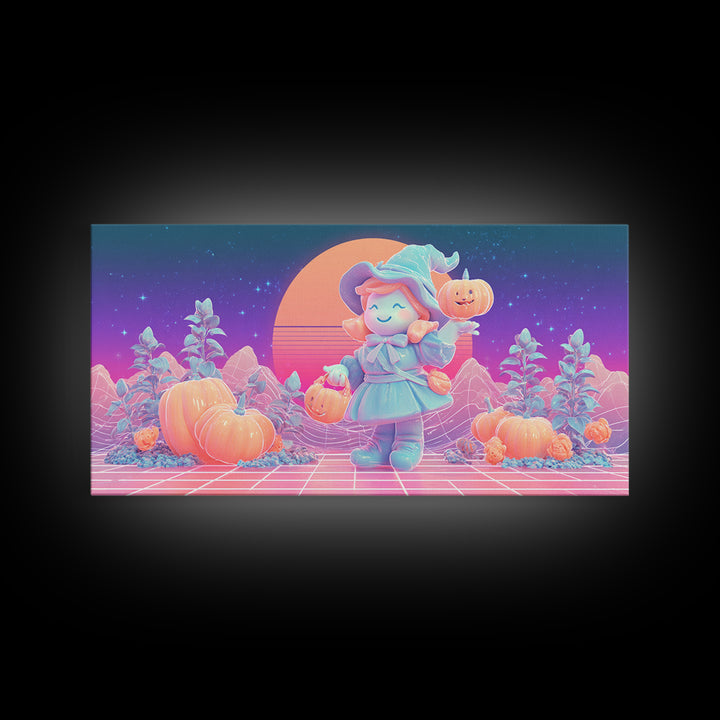 The Moon Garden Witch, Synthwave Halloween Art, Wide Panoramic Art, Framed Canvas Print, Retro Halloween Decor, Neon Wall Art