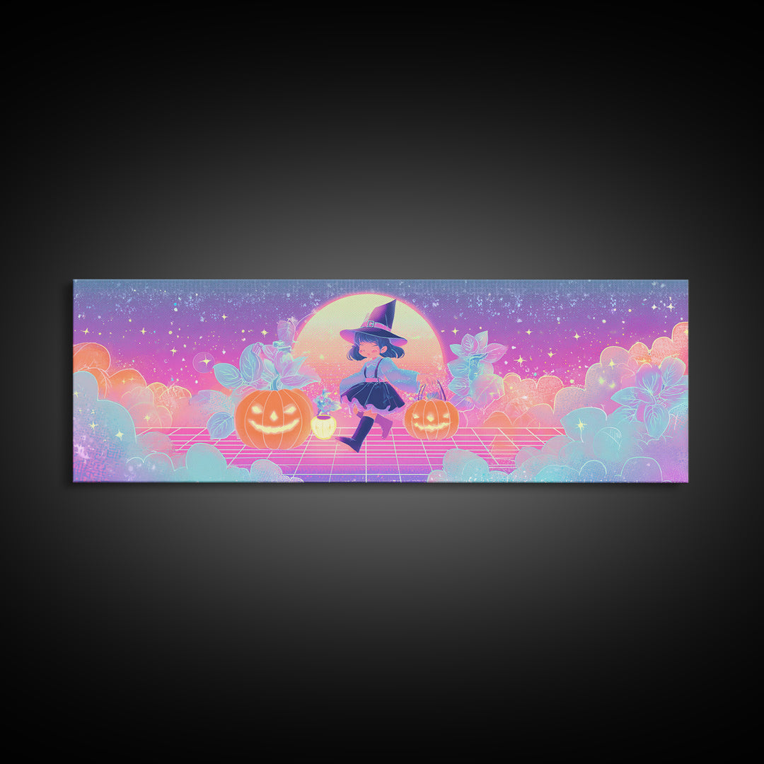 The Moon Garden Witch, 80s Halloween Wall Art, Extra Wide Wall Art, Framed Canvas Print, Retro Halloween Decor, Neon Wall Art