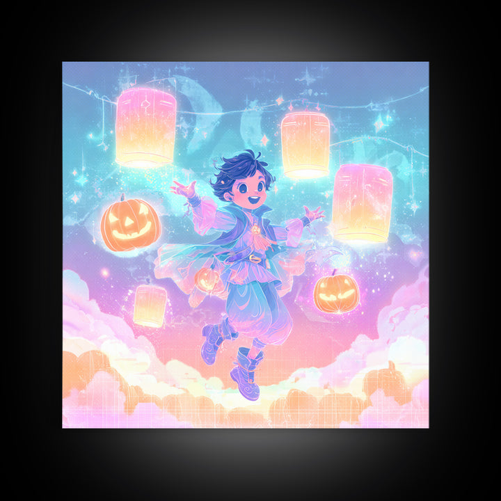 The Lantern-Light Wizard, Synthwave Halloween Art, Square Wall Art, Framed Canvas Print, Retro Halloween Decor, Neon Wall Art