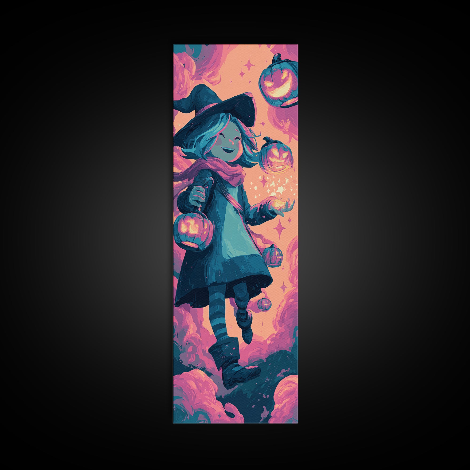 The Lantern-Light Wizard, 80s Halloween Wall Art, Tall Narrow Wall Art, Framed Canvas Print, Retro Halloween Decor, Neon Wall Art