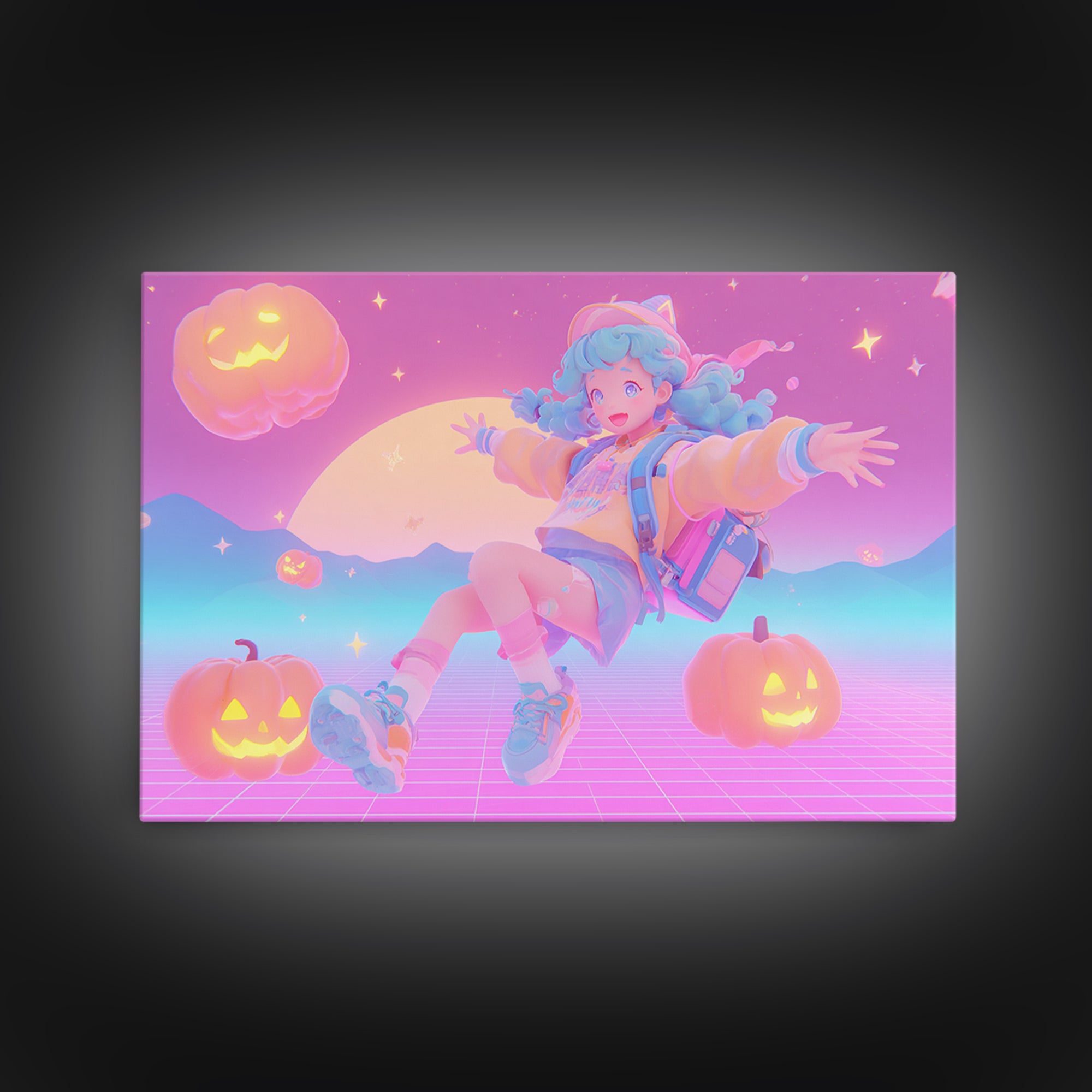 The Candy Map Adventurers, Retro Neon Halloween Art, Landscape Wall Art, Framed Canvas Print, Retro Halloween Decor, Neon Wall Art