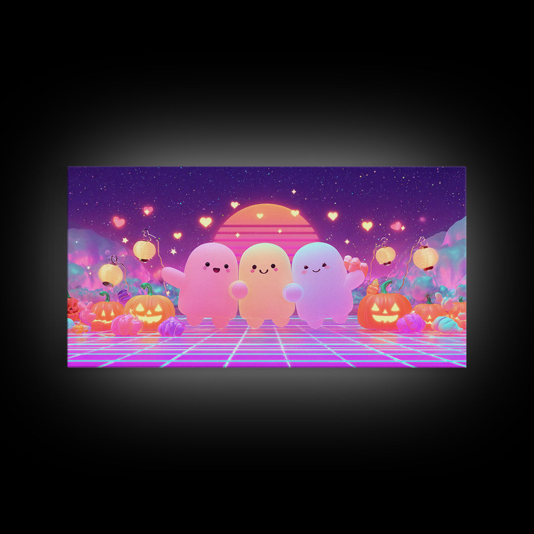 The Halloween Friendship Spell, 80s Halloween Wall Art, Wide Panoramic Art, Canvas Print, Retro Halloween Decor, Neon Wall Art