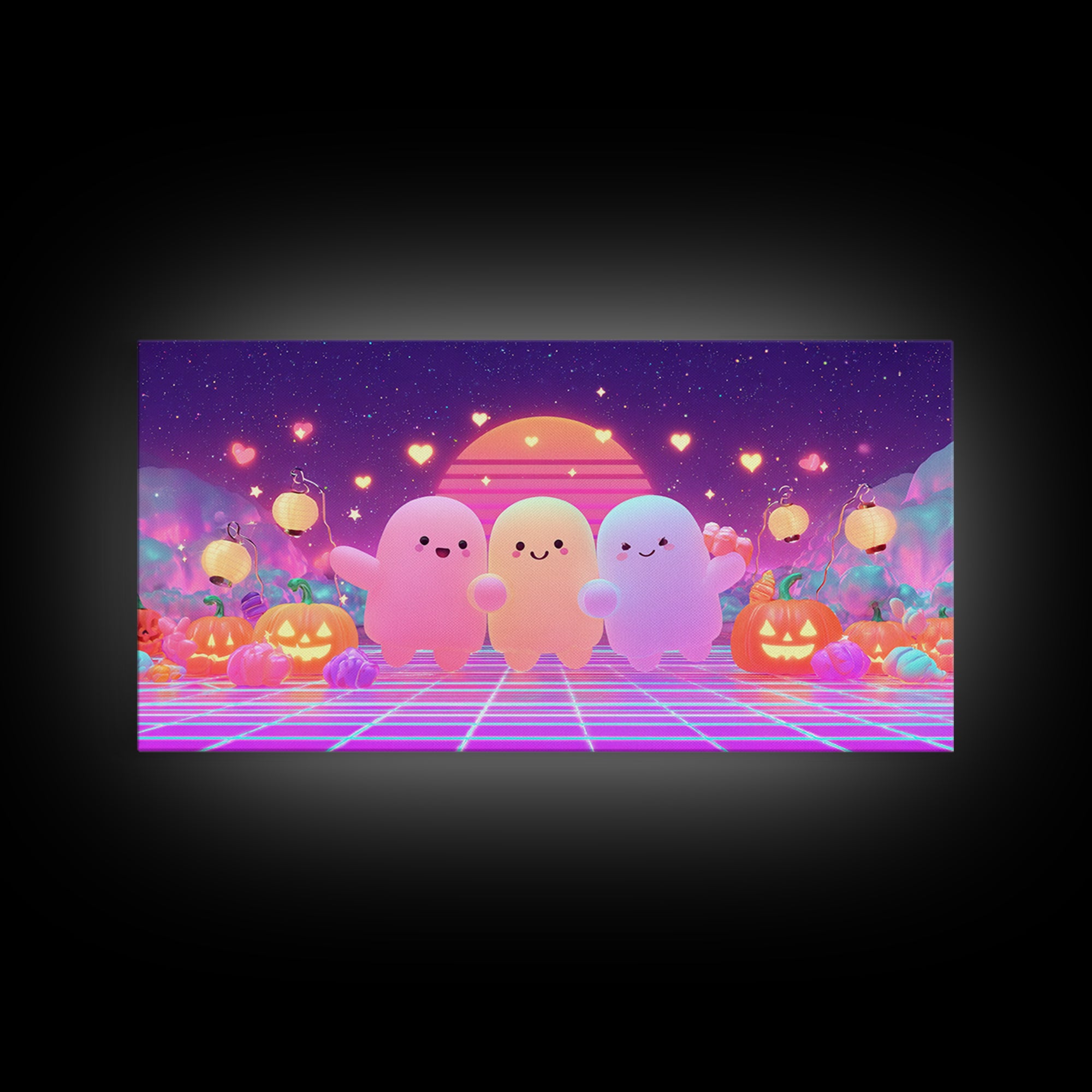The Halloween Friendship Spell, 80s Halloween Wall Art, Wide Panoramic Art, Canvas Print, Retro Halloween Decor, Neon Wall Art