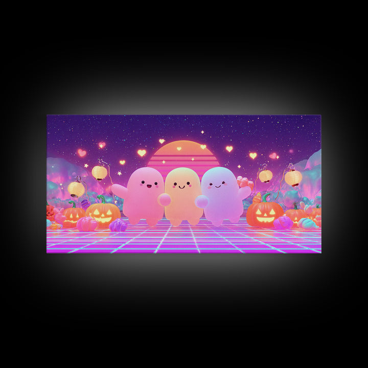 The Halloween Friendship Spell, 80s Halloween Wall Art, Wide Panoramic Art, Canvas Print, Retro Halloween Decor, Neon Wall Art