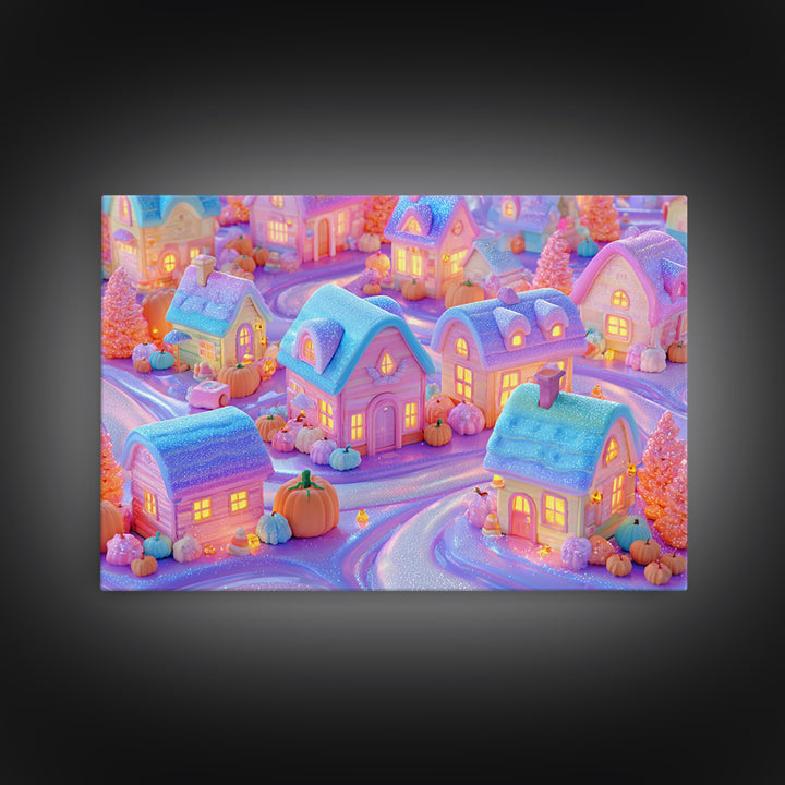 Candy Corn Village, 80s Halloween Wall Art, Landscape Wall Art, Framed Canvas Print, Retro Halloween Decor, Neon Wall Art, Spooky Wall Decor