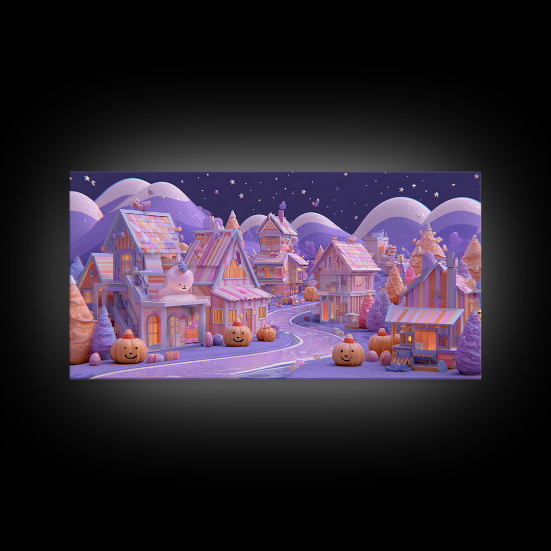 Candy Corn Village, 80s Halloween Wall Art, Wide Panoramic Art, Framed Canvas Print, Retro Halloween Decor, Neon Wall Art