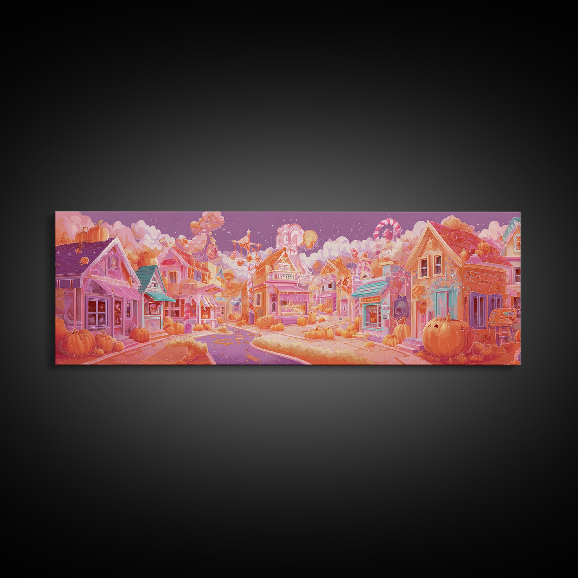 Candy Corn Village, Retro Neon Halloween Art, Extra Wide Wall Art, Canvas Print, Retro Halloween Decor, Neon Wall Art, Statement Wall Art