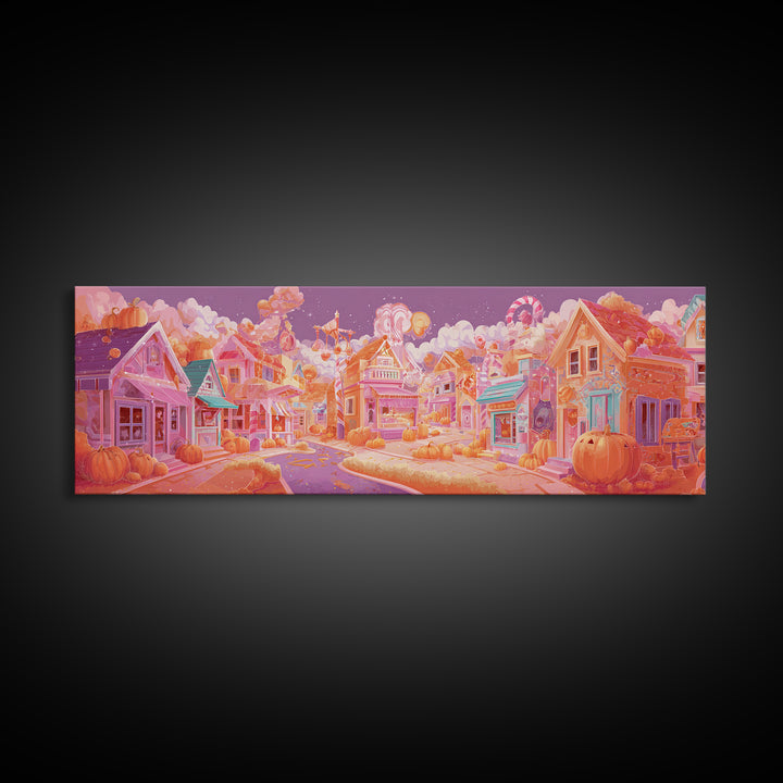 Candy Corn Village, Retro Neon Halloween Art, Extra Wide Wall Art, Canvas Print, Retro Halloween Decor, Neon Wall Art, Statement Wall Art
