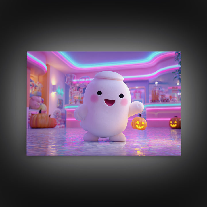 The Friendly Ghost Hotel, Cute Spooky Neon Art, Landscape Wall Art, Canvas Print, Retro Halloween Decor, Neon Wall Art, Macabre Wall Art