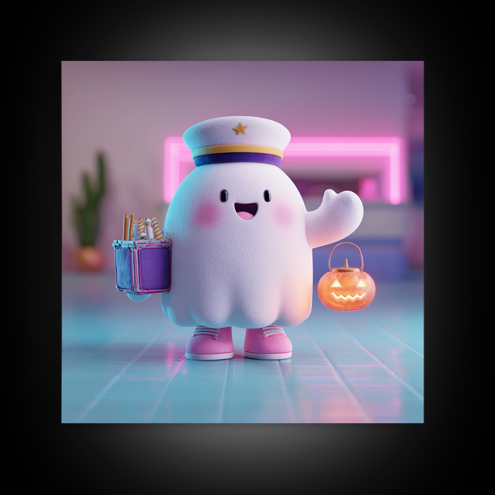 The Friendly Ghost Hotel, 80s Halloween Wall Art, Square Wall Art, Canvas Print, Retro Halloween Decor, Neon Wall Art, Horror Wall Art