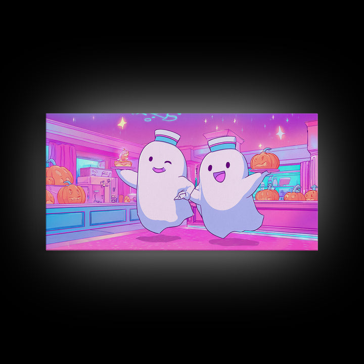The Friendly Ghost Hotel, Cute Spooky Neon Art, Wide Panoramic Art, Framed Canvas Print, Retro Halloween Decor, Neon Wall Art