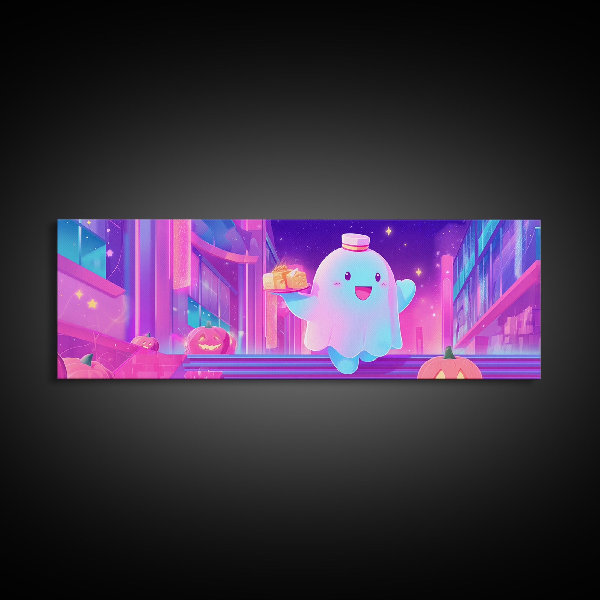 The Friendly Ghost Hotel, Cute Spooky Neon Art, Extra Wide Wall Art, Canvas Print, Retro Halloween Decor, Neon Wall Art, Dark Fantasy Art