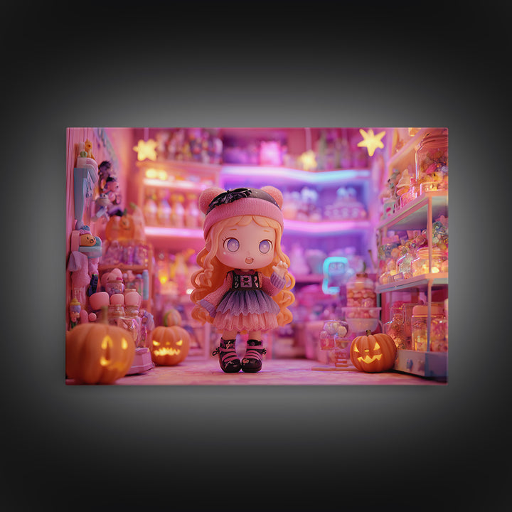 The Moonlight Toy Shop, 80s Halloween Wall Art, Landscape Wall Art, Canvas Print, Retro Halloween Decor, Neon Wall Art, Macabre Wall Art